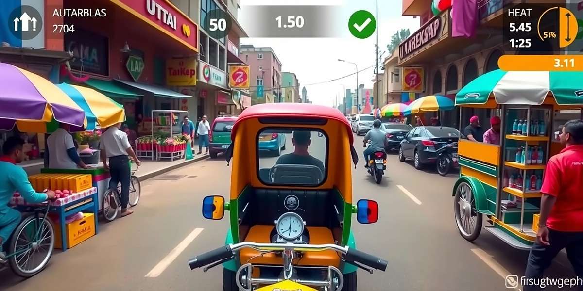 Market Navigation in Gali Gali Rickshaw Gali Gali Rickshaw gameplay showing an auto rickshaw navigating through a crowded market street with vendors and pedestrians